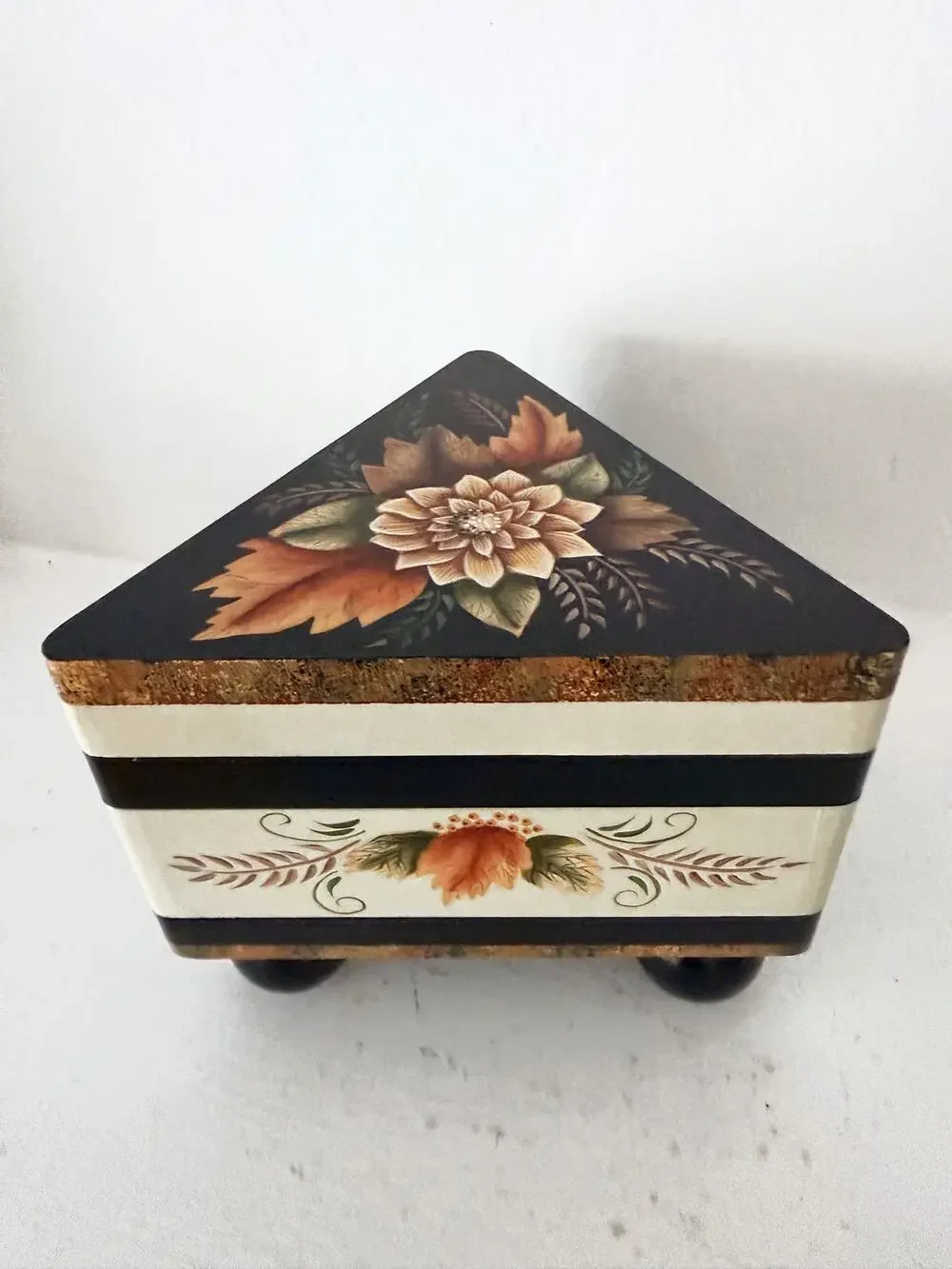 Vintage Hand Painted Folk Art Wooden Trinket Box, Triangular Wedge Footed